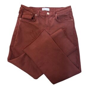 Zara Crop Jeans‎ Rust Brown Frayed Hem High Rise Straight Leg Casual Denim 8